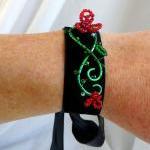 Velvet Cuff With Red Beaded Flowers