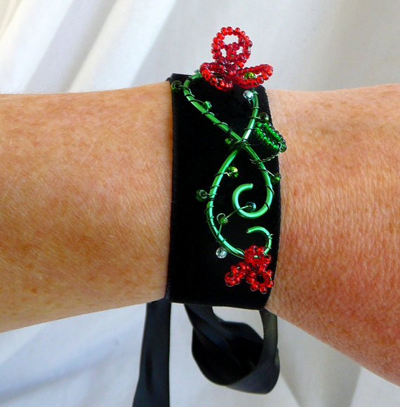 Velvet Cuff With Red Beaded Flowers